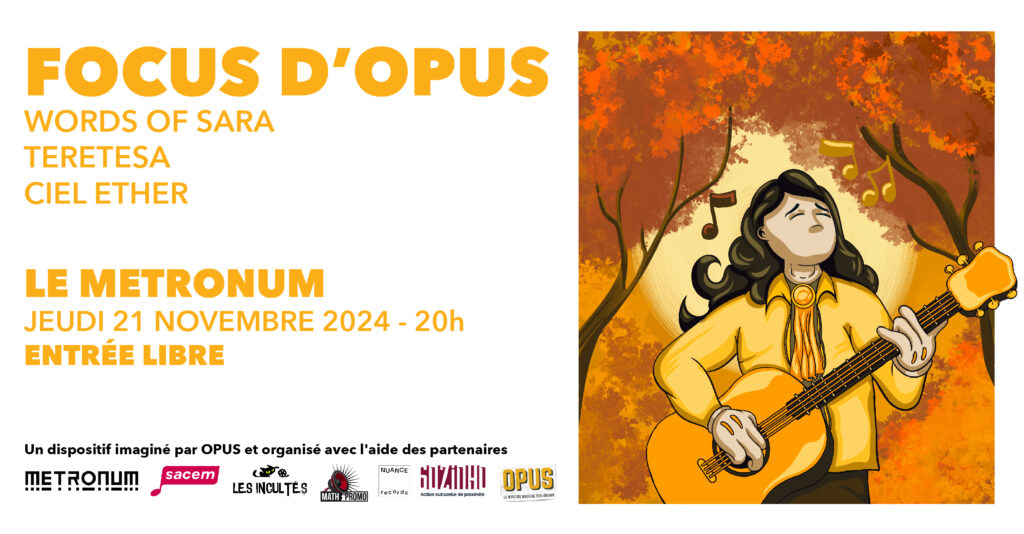 3 projets parmi les plus talentueux de la scène toulousaine sont à découvrir en concert gratuit au Metronum Jeudi 21 novembre 2024 : Words of Sara (folk), terestesa (indie-rock) et Ciel Ether (rap) !